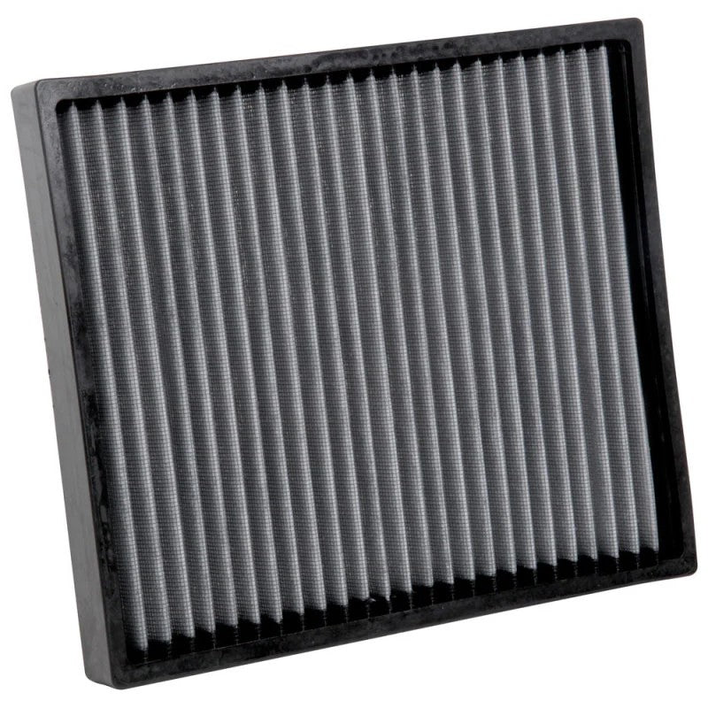 K&N VF2061 washable cabin air filter featuring white pleated synthetic filtration media and a black frame.