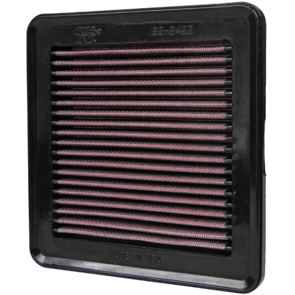 K&N 33-2422 high-flow drop-in air filter with red oiled cotton media and a durable black rubber gasket.