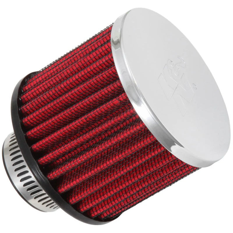K&N 62-1390 crankcase vent filter with chrome-plated steel top and black rubber 1.25 inch flange.
