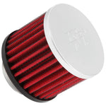 K&N 62-1440 clamp-on crankcase vent filter with embossed chrome top and 1.375 inch rubber flange.