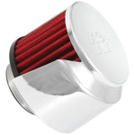 K&N 62-1514 crankcase vent filter with embossed chrome top, black rubber flange, and integrated metal heat shield.
