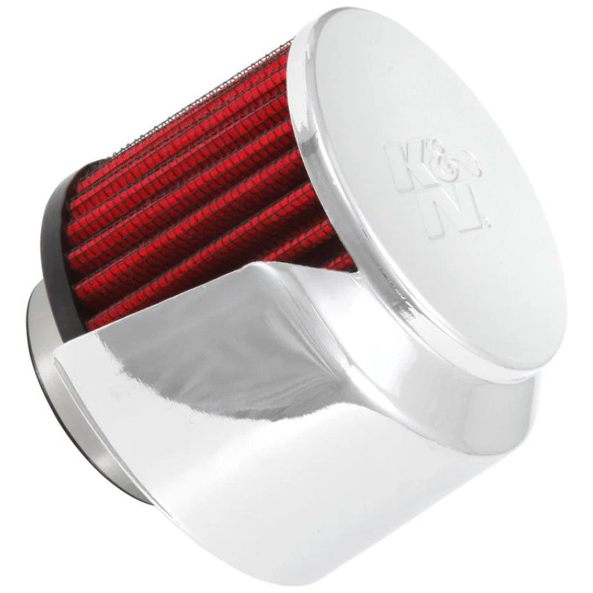 K&N 62-1514 crankcase vent filter with embossed chrome top, black rubber flange, and integrated metal heat shield.