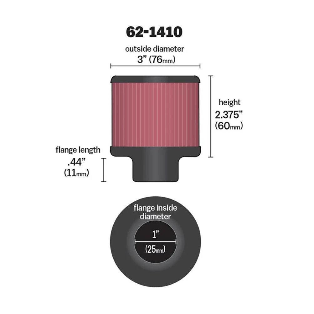 K&N 62-1410 crankcase vent filter featuring a black rubber base, 1-inch flange, and washable synthetic media.