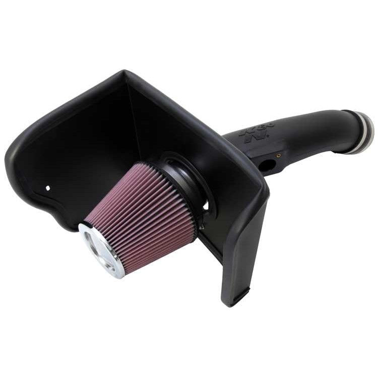 K&N AirCharger performance intake with black HDPE tube, oiled cotton filter, and custom heat shield for Toyota Tundra.