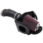 K&N 57-Series air intake kit for Ford Mustang GT500 featuring black HDPE tube, red conical filter, and black heat shield.