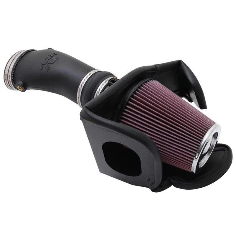 K&N 57-Series air intake kit for Ford Mustang GT500 featuring black HDPE tube, red conical filter, and black heat shield.