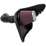 K&N 63-3074 AirCharger intake featuring a black HDPE tube, heat shield, and red conical oiled cotton air filter