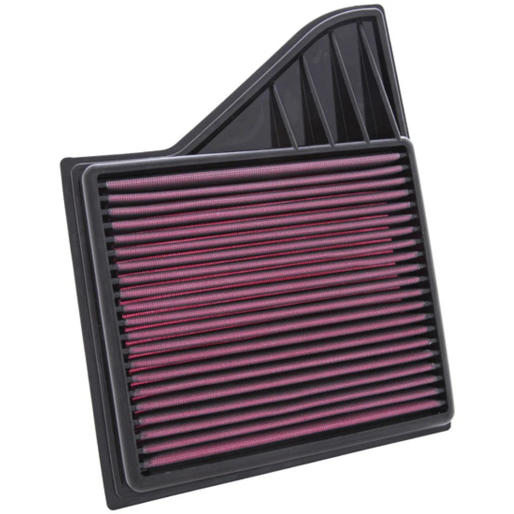 K&N 33-2431 high-flow replacement air filter with red oiled cotton media for 2010-2014 Ford Mustang.