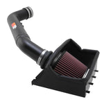 K&N high-flow air intake system with silver mandrel-bent aluminum tube and red conical filter for 2011-2016 Ford F-250.