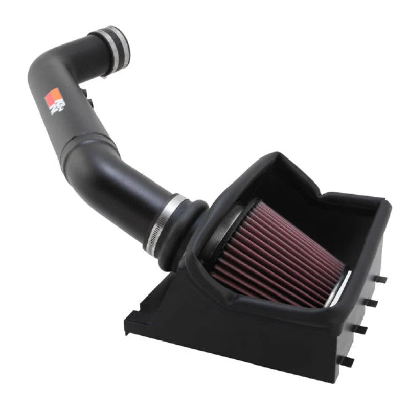 K&N high-flow air intake system with silver mandrel-bent aluminum tube and red conical filter for 2011-2016 Ford F-250.