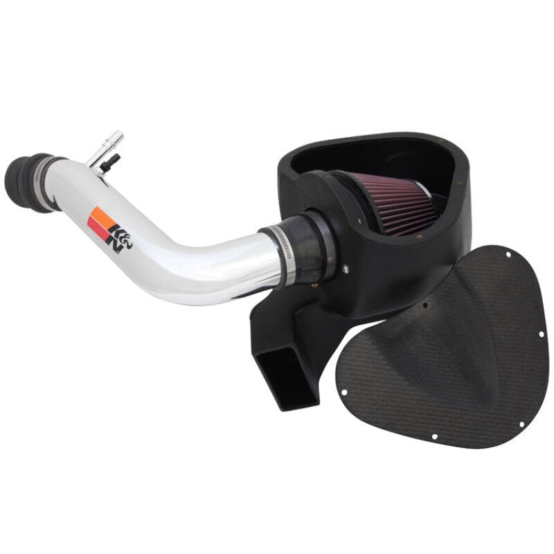 K&N Typhoon cold air intake system with polished aluminum mandrel-bent tube and red conical oiled cotton filter.