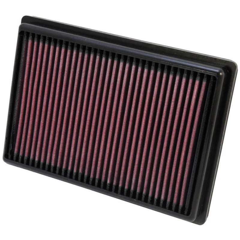 K&N 33-2476 replacement air filter featuring red pleated cotton media and a durable black flexible frame.