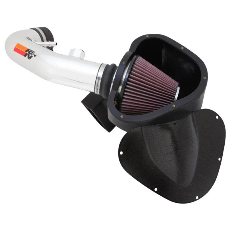 K&N Typhoon Performance Intake 69-3527TP with polished aluminum tube and conical red air filter for 5.0L Mustang.