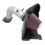 K&N Typhoon cold air intake 69-5309TS with silver mandrel-bent tube, custom heat shield, and red conical air filter.
