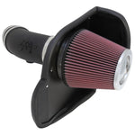K&N 57-1565 performance air intake with black HDPE tube and red conical oiled cotton filter for Dodge 6.4L V8 engines.