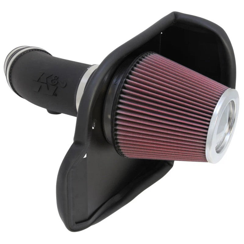 K&N 57-1565 performance air intake with black HDPE tube and red conical oiled cotton filter for Dodge 6.4L V8 engines.