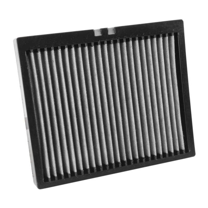 K&N VF2040 washable cabin air filter featuring pleated high-flow synthetic media and a durable black frame.