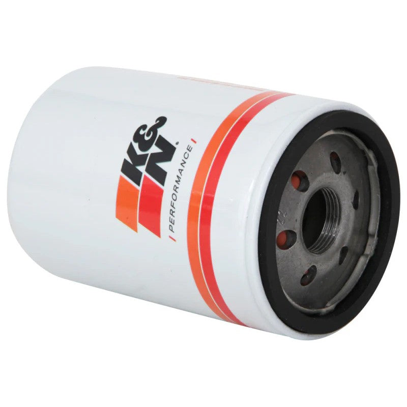K&N Performance Gold HP-2012 oil filter with white heavy-duty canister and integrated 1-inch welded hex nut.