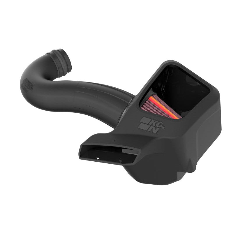 K&N NextGen air intake system featuring black HDPE tube, custom air box, and red oiled cotton conical filter.