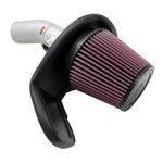 K&N 69 Series Typhoon performance air intake with mandrel-bent aluminum tube and red oiled cotton filter.