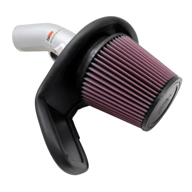 K&N 69 Series Typhoon performance air intake with mandrel-bent aluminum tube and red oiled cotton filter.