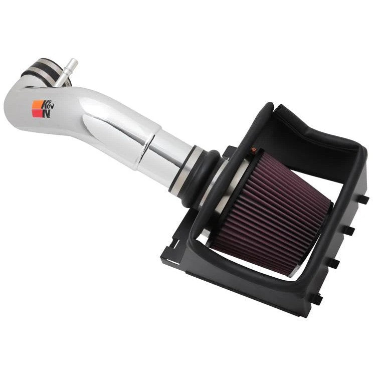 K&N 77 Series air intake system with polished aluminum tube, red oiled cotton filter, and black heat shield.