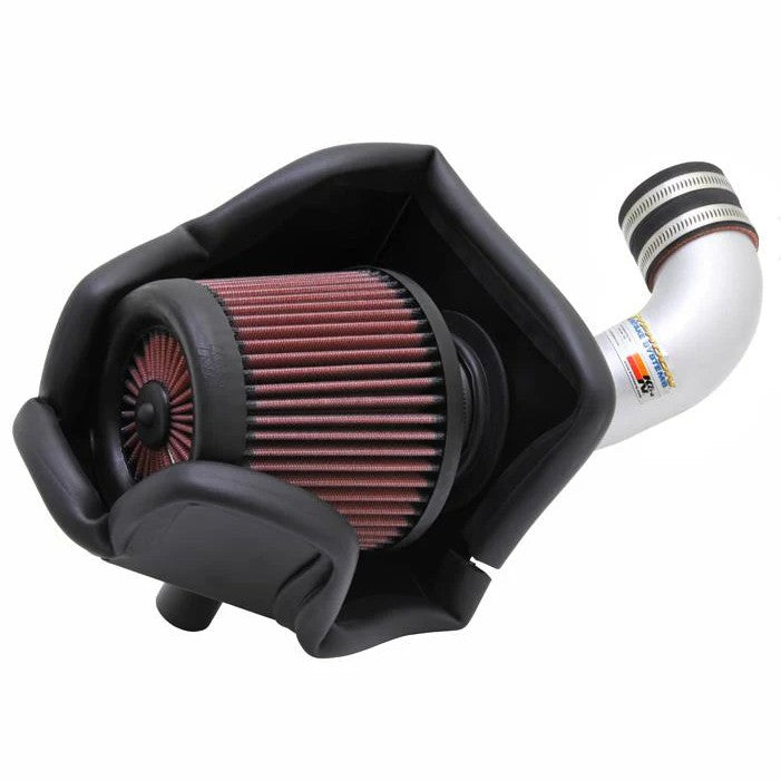 K&N Typhoon silver short ram intake system with mandrel-bent aluminum tube and red conical air filter.