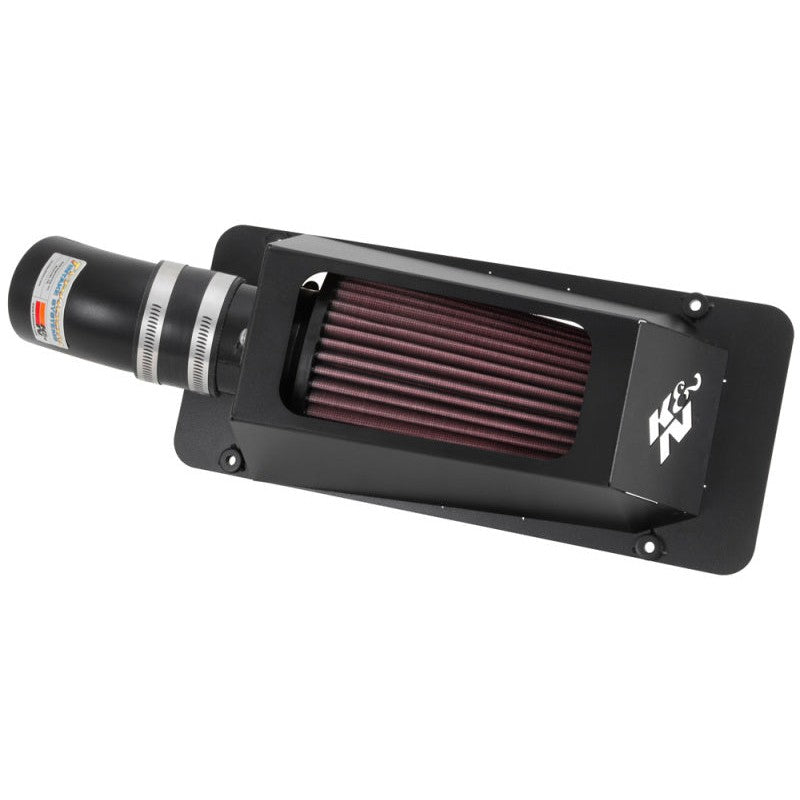 K&N 69 Series Typhoon cold air intake kit with mandrel-bent aluminum tubing and a red conical oiled cotton air filter.