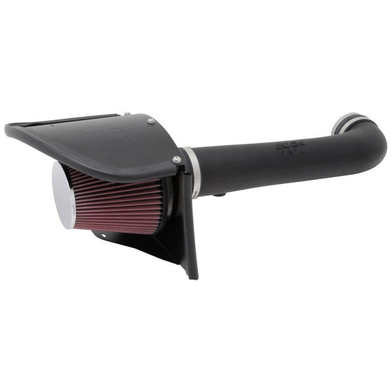 K&N 57 Series FIPK air intake system featuring a black HDPE tube, custom heat shield, and red oiled cotton air filter.