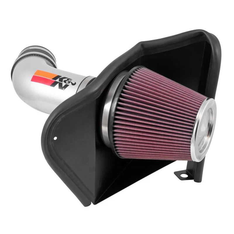 K&N 77 Series Performance Intake Kit with silver mandrel-bent aluminum tube and red oiled cotton air filter