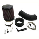 K&N performance air intake system with black HDPE induction tube, conical oiled cotton filter, and custom heat shield