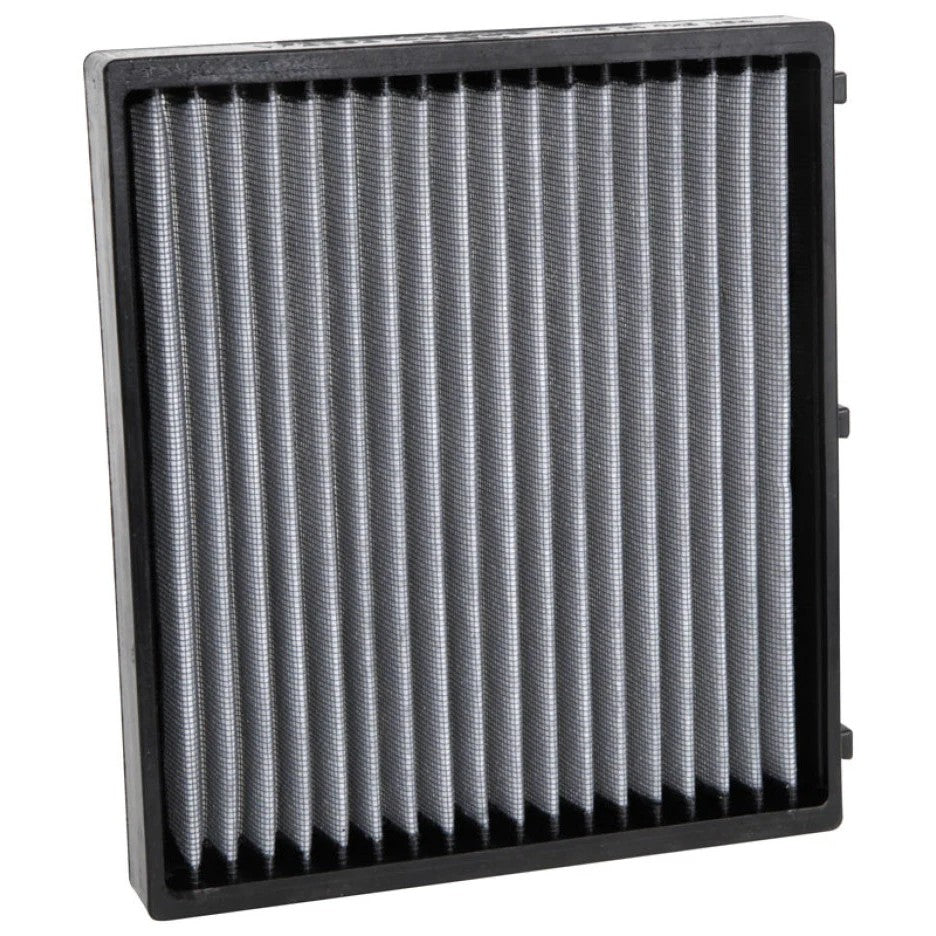 K&N VF2062 washable cabin air filter featuring pleated grey synthetic filtration media and a black frame.