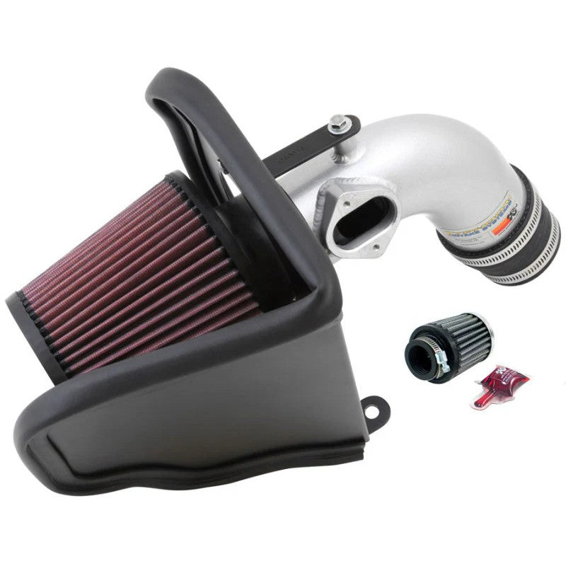 K&N 69 Series Typhoon silver mandrel-bent intake tube with red conical air filter and heat shield for Chevy Sonic 1.8L