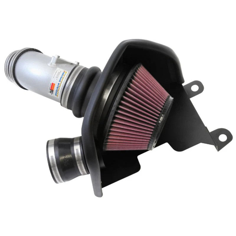 K&N Silver Typhoon cold air intake system with mandrel-bent aluminum tube and red oiled cotton conical air filter.