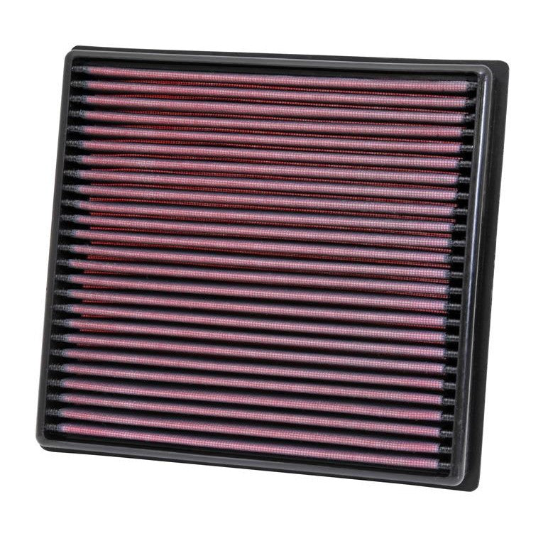 K&N 33-3002 high-flow air filter featuring red pleated cotton media and a black frame for 2012 Isuzu D-Max.