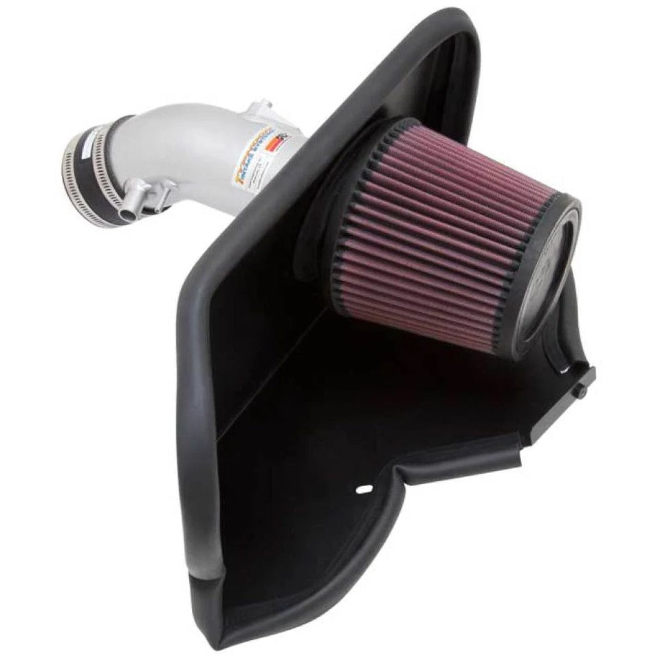 K&N Typhoon 69-8618TS silver short ram intake system with a red conical air filter and steel heat shield for 3.5L engines