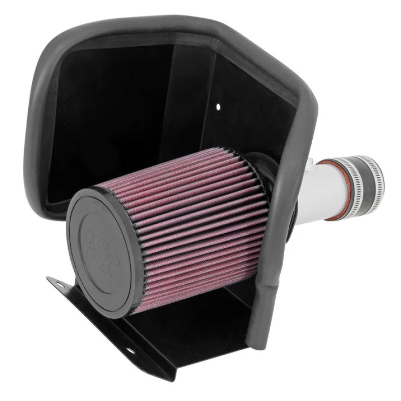 K&N Typhoon Silver cold air intake system with mandrel-bent aluminum tube and red conical air filter for Dodge Dart