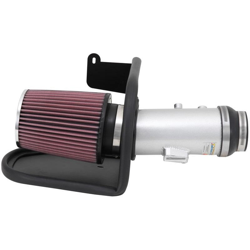 K&N 69 Series Typhoon cold air intake system with silver aluminum mandrel-bent tube and red conical air filter.