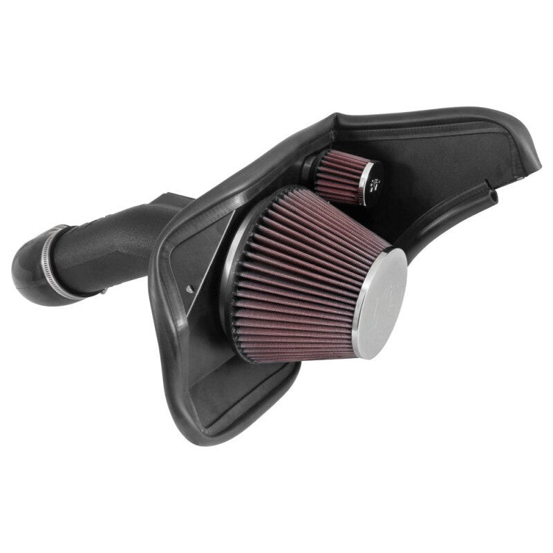 K&N 63-3084 AirCharger intake system with black HDPE tube, red conical filter, and custom heat shield.
