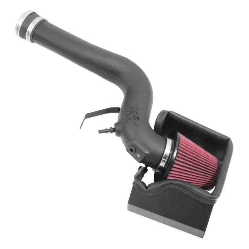 K&N AirCharger Performance Intake system with HDPE tube, heat shield, and red oiled cotton air filter for Ford Fusion.