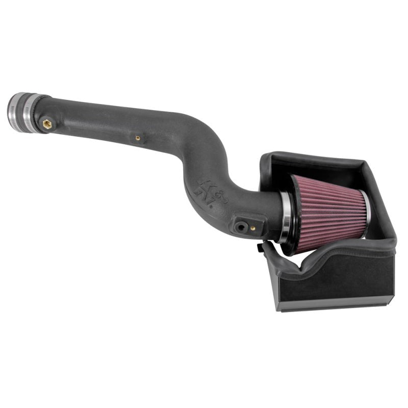 K&N 57-2585 performance air intake system with HDPE tube, conical oiled cotton filter, and black heat shield.