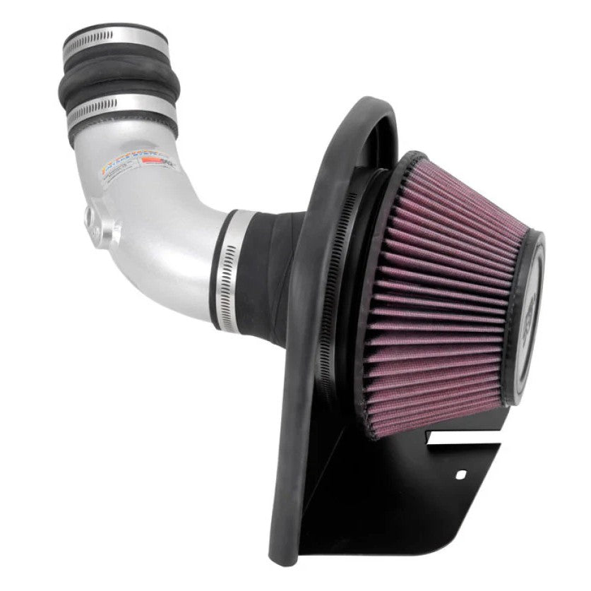 K&N 69-3518TS Typhoon Performance Intake with silver mandrel-bent aluminum tube and red conical air filter.