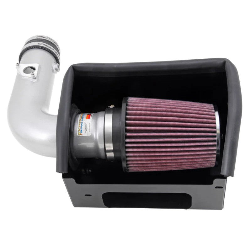 K&N 69 Series Typhoon cold air intake system with silver aluminum tube, red conical filter, and black heat shield