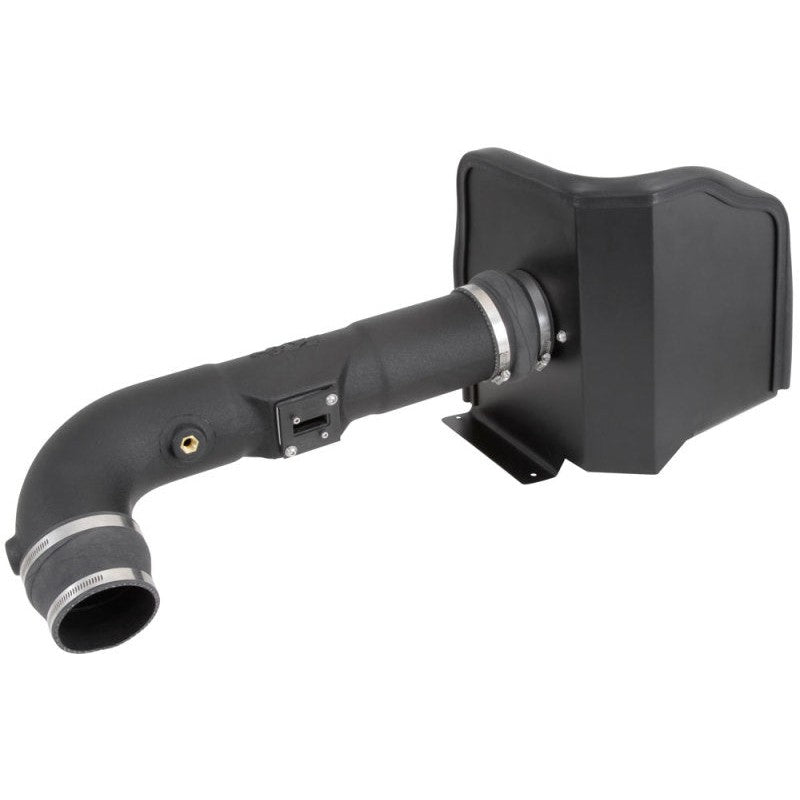 K&N 57-3082 Performance Air Intake featuring a black HDPE tube, heat shield, and red oiled cotton air filter.