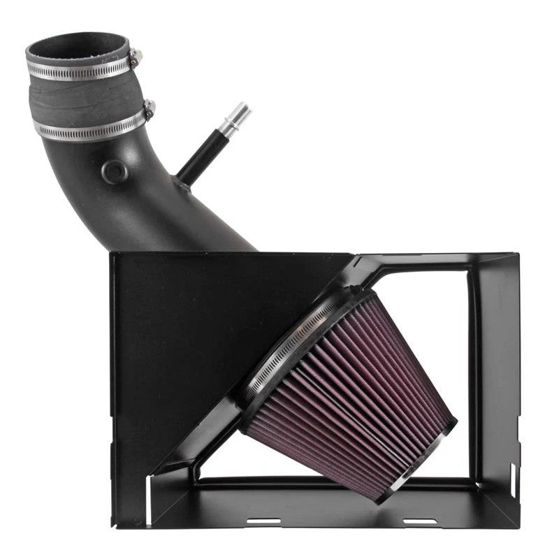 K&N 77 Series performance intake system featuring a mandrel-bent aluminum tube and red oiled cotton conical air filter.