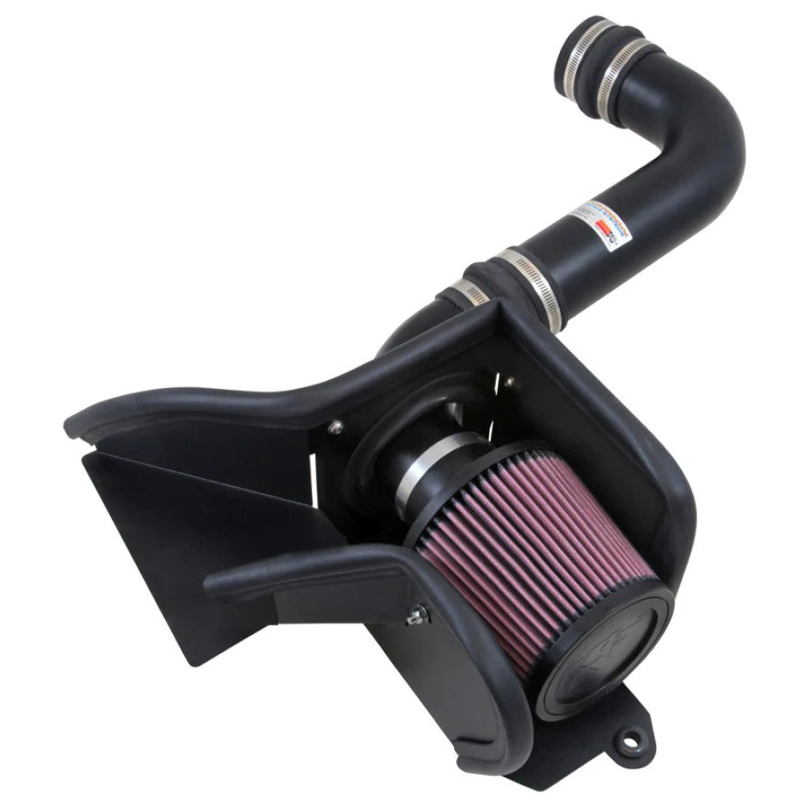 K&N 69 Series Typhoon cold air intake system with black aluminum tube and red conical air filter for VW Jetta and Passat.