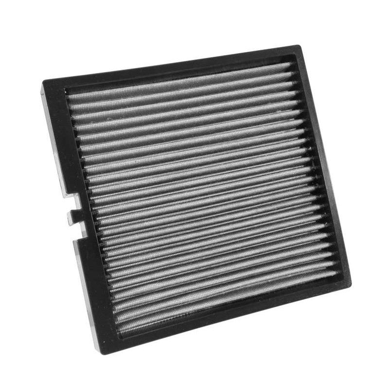 K&N VF2044 washable cabin air filter featuring white pleated synthetic media and a black frame.
