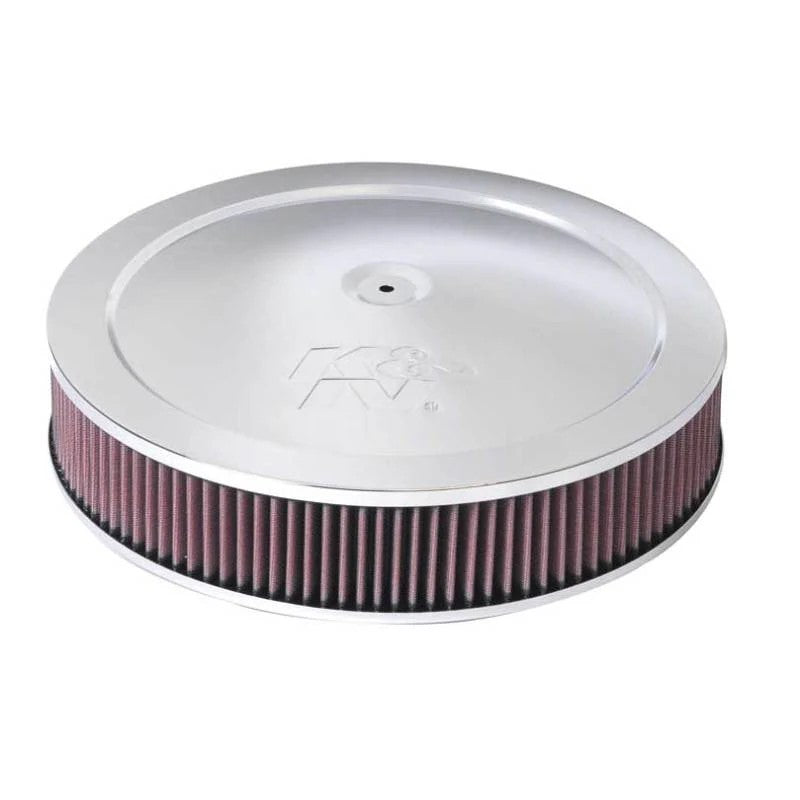 K&N 14-inch round custom air cleaner assembly featuring a red filter element, chrome top plate, and 1.25-inch drop base.