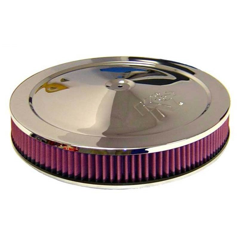 K&N 60-1263 14-inch round custom air cleaner assembly with red filter media and 5.125-inch mounting bore.