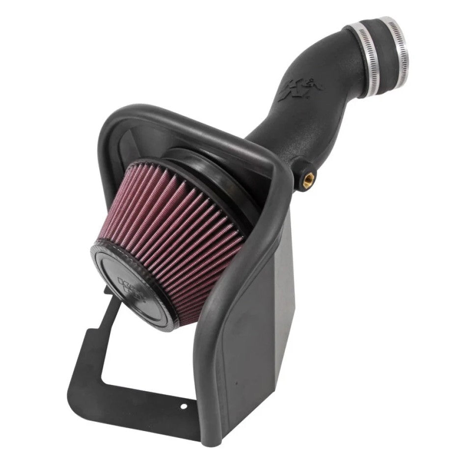 K&N Performance Intake Kit 57-1572 featuring a black HDPE tube, conical oiled air filter, and custom heat shield.